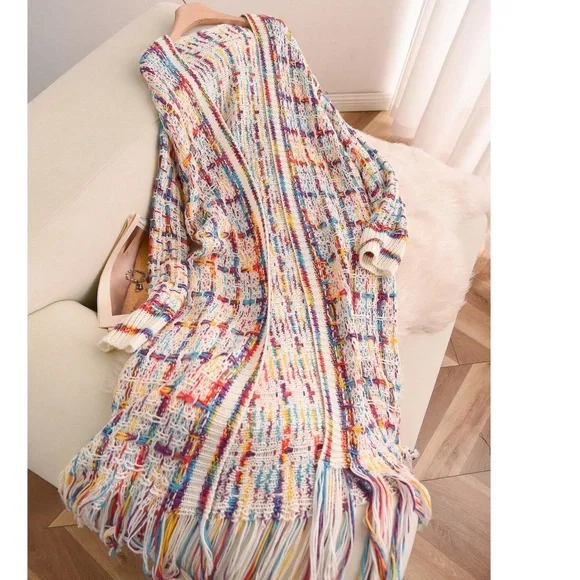 Plus Multicolor Fringe Hem Open Front Long Cardigan - Picture 6 of 7